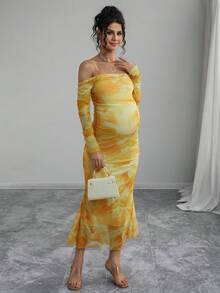 Momance Adjustable Waist Off-Shoulder Long Sleeve Tie-Dye Print Elegant Maternity Dress - Yellow - View 1