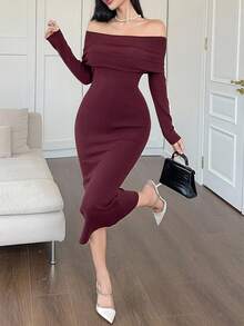 DAZY فستان كنزة صوفية أنيق بلون أحادي منسدل عن الكتف، خريفي - عنابي اللون - مشاهدة 1