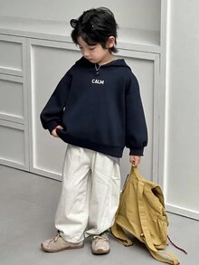 DAZY 男童抓绒卫衣，休闲宽松版型字母印花街头风，秋季连帽衫 - 藏蓝色 - 查看 2