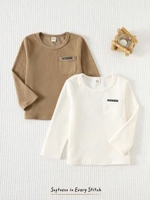Cozy Pixies 2 件套年轻男孩装饰提花针织柔软圆领长袖落肩套头衫上衣，舒适时尚长袖 T 恤套装，长袖衬衫，长袖 T 恤，长袖衬衫，卡其色上衣，多件装男孩上衣，适合冬季，纹理上衣，男孩长袖高领衫，男孩长袖上衣，温暖的男孩上衣，儿童纯色上衣 - 白色 - 查看 4