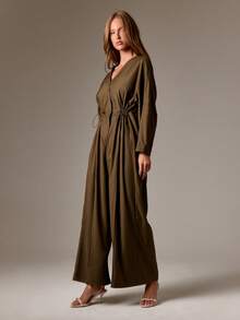 AiiRZ Wide Leg Jumpsuit Oversized Barrel Sleeve Channel Waist Drawstring Formal Occasion Evening Winter Fall Long Sleeve Fashion Statement Piece Luxury Modern Minimalist - Dark Green - View 4