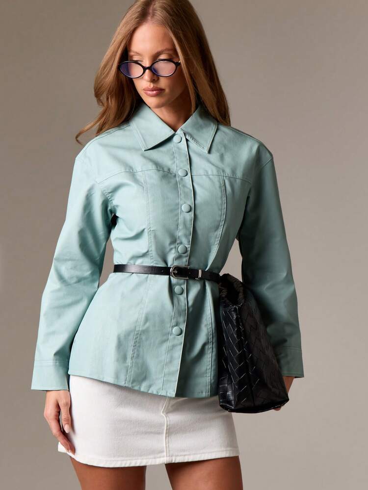 Shirt Jacket Stylish PU Fitted Button Down Classic Collar