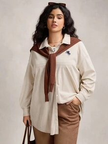 Zelara Plus Size Women Casual Versatile Embroidered Corduroy Shirt Chic Going Out - Apricot - View 6