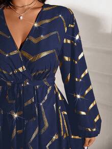Cravure Vestido largo con cuello en V cruzado, cintura recogida, mangas farol, estampado aleatorio con lámina, cintura con lazo para mujer - Azul Marino - Ver 8