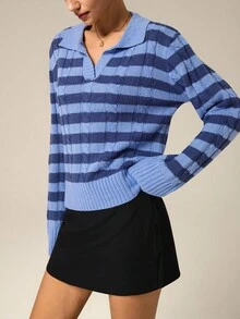 Hanevo Suéter casual versátil con cuello polo, tejido de punto de cable y bloques de color a rayas para otoño/invierno - Azul - Ver 5