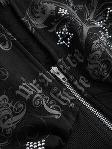 ROMWE Grunge Punk Y2K Subculture 复古修身豹纹连帽运动衫，复古花卉印花水钻装饰女式运动衫 - 黑色 - 查看 13