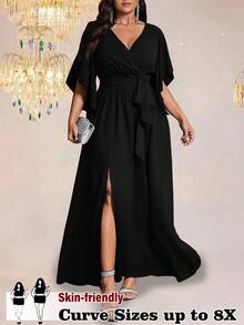 SHEIN CURVE+ 大码女式纯色修身V领喇叭袖系带腰部褶饰开衩优雅派对长裙 - 黑色 - 查看 1