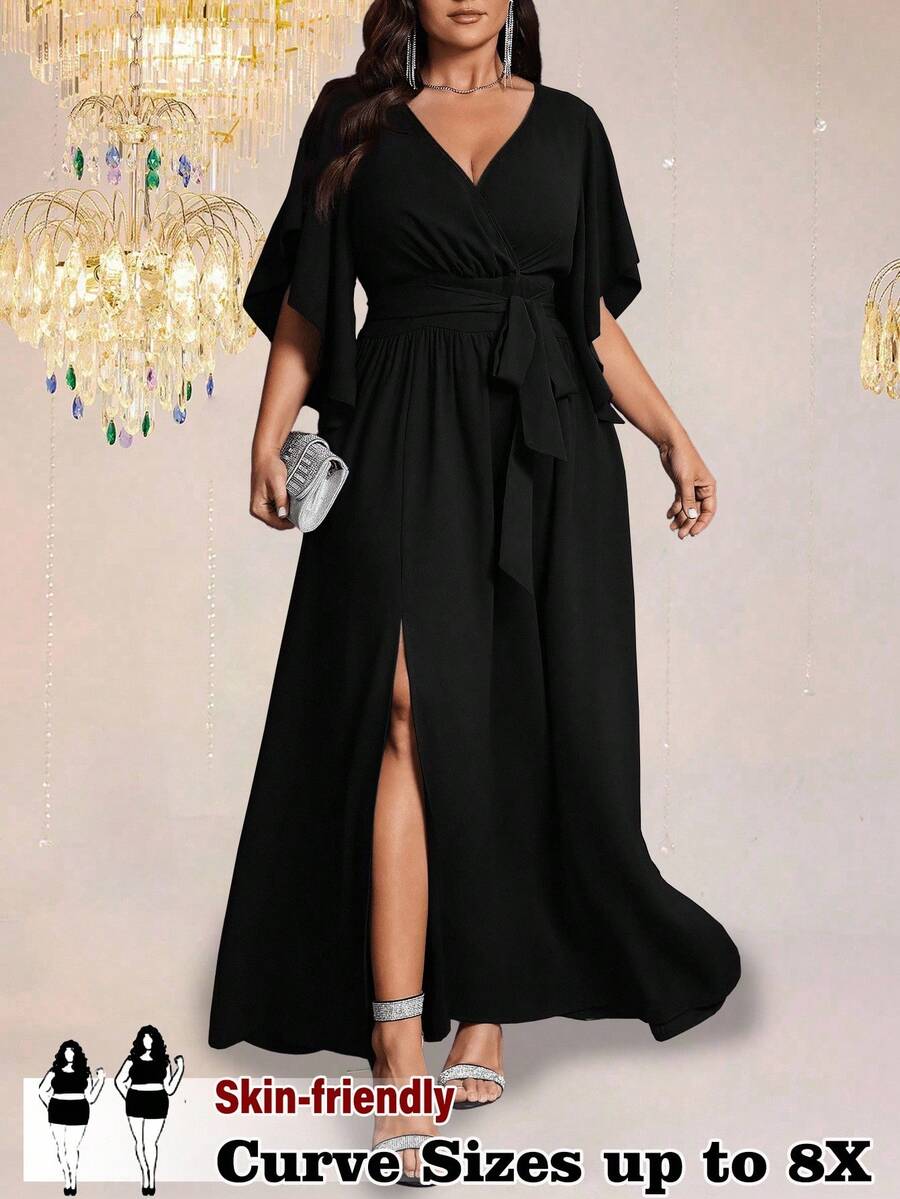 SHEIN CURVE+ 大码女式纯色修身V领喇叭袖系带腰部褶饰开衩优雅派对长裙 - 黑色 - 查看 1