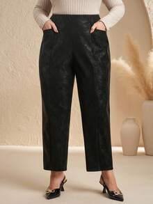 Chikora Plus Size Women Elegant PU Leather Ankle Length Pants With Pockets, Black Skinny Trousers High Waist Pants Elegant Pants For Women Curve Petite Pants
