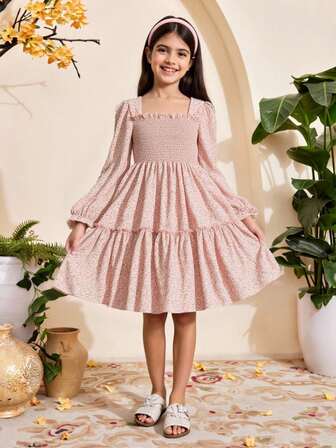 SHEIN Tween Girl Ditsy Floral Print Flounce Sleeve Frill Trim Shirred Dress