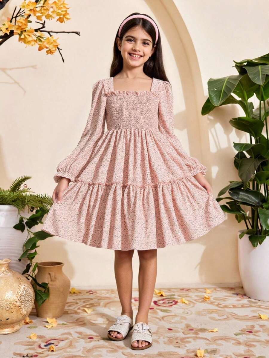 SHEIN Tween Girl Ditsy Floral Print Flounce Sleeve Frill Trim Shirred Dress