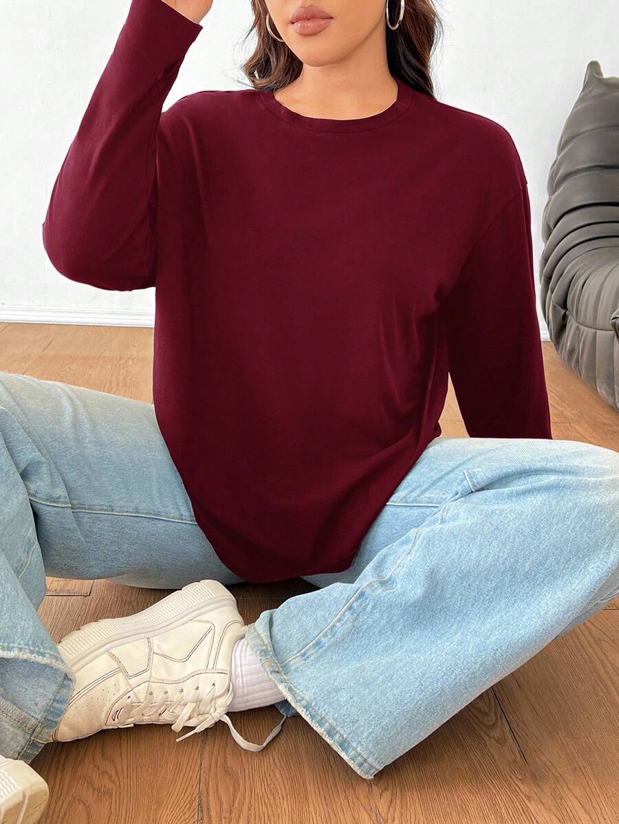 SHEIN EZwear 女式加大码休闲纯色宽松圆领长袖 T 恤 - 酒紅色 - 查看 1