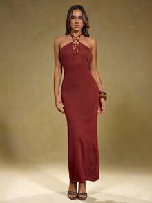 SHEIN BAE Vestido de punto elegante de cuello halter con diseño de cuentas de unicolor para mujer - Marrón - Ver 7
