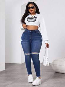 SHEIN ICON Jeans de talle alto, ajustados y desgastados de talla grande para mujer
