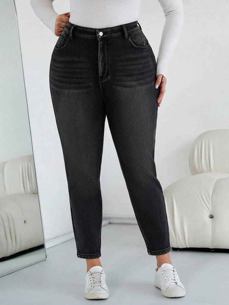 SHEIN PETITE CURVE 大码秋冬万圣节圣诞节国庆2000年代街头风生日机场商务休闲女装乡村复古低调老钱商务休闲女装工作教师女装保暖内衬牛仔裤休闲水洗高腰修身黑色牛仔裤女装大码水洗黑色牛仔裤弹力紧身牛仔裤舒适日常穿着 - 黑色 - 查看 6