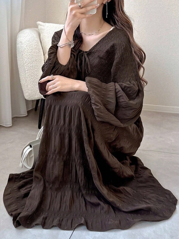 FRIFUL Women's Brown Textured Fabric Drawstring Tie Waist Dress, Long Dress For Autumn, Outdoor Dress