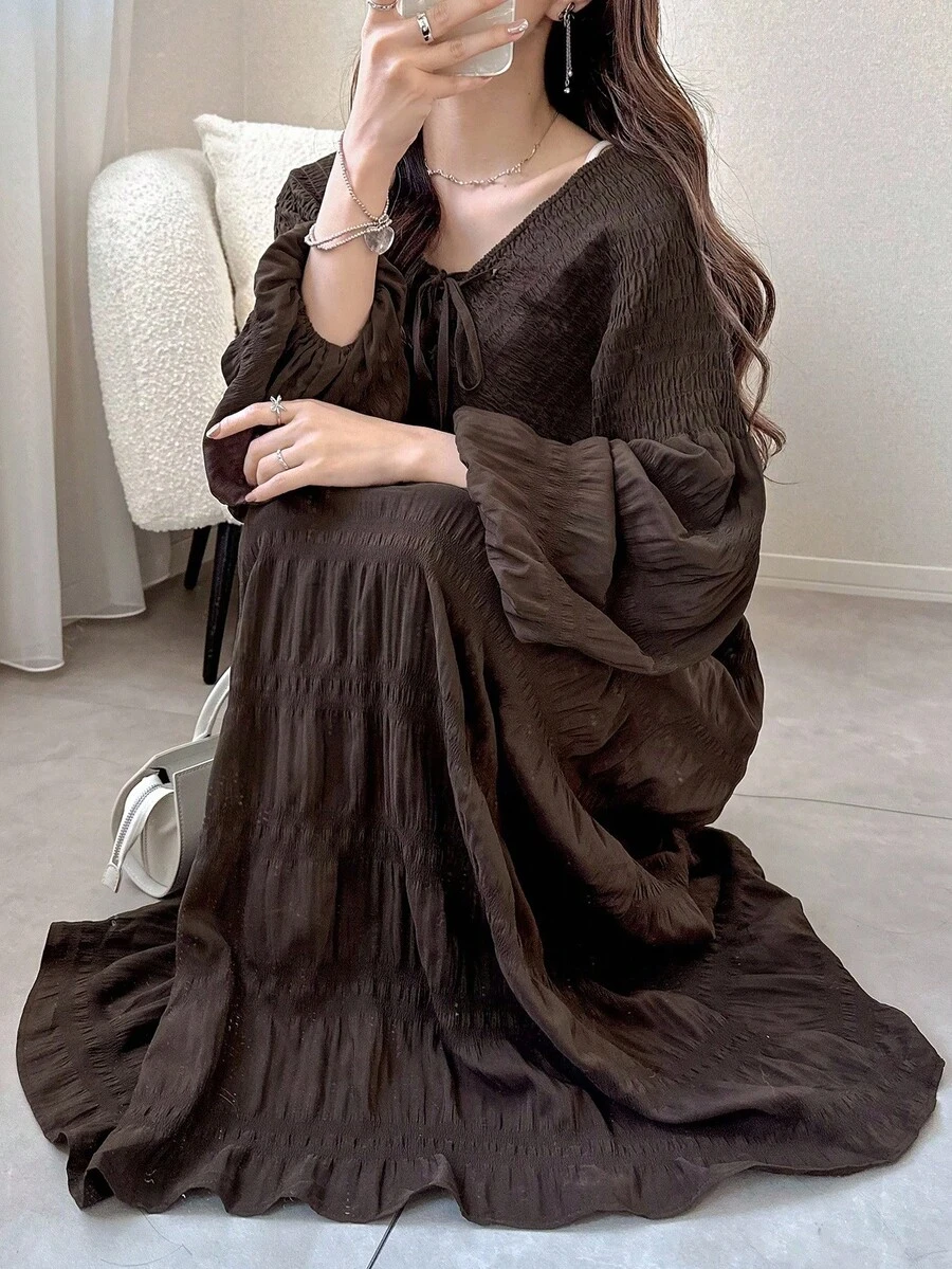 FRIFUL Đầm dài nữ màu nâu, chất liệu vải có họa tiết, thắt eo bằng dây rút, thích hợp cho mùa thu, mặc ngoài trời. - màu nâu - Xem 1