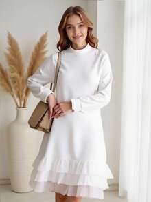 Vestido casual solto com decote alto e manga comprida, cor sólida, patchwork, babados e bainha