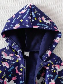 小女孩连帽拉链夹克，可爱俏皮的独角兽设计，保暖内衬，适合度假