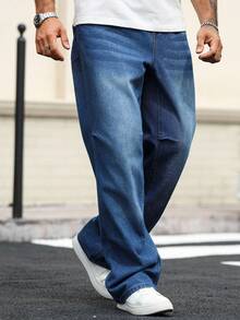 Manfinity Homme Plus Size Men's Loose Fit Pockets Wide Leg Casual Versatile Jeans - Blue - View 4