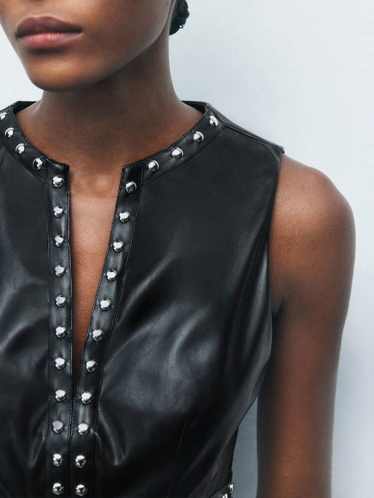 SHEIN Maija PU Leather Casual Cinched Waist Women Tank Tops,Festival Outfits For Women ,Party Tops