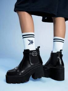 Sugerpunk Giày bốt cao gót đế vuông phong cách Gothic, khóa kim loại, đế PU màu đen, thích hợp cho tiệc tùng, mặc hàng ngày, mặc váy dạ hội, tăng chiều cao và kéo dài chân - màu đen - Xem 4