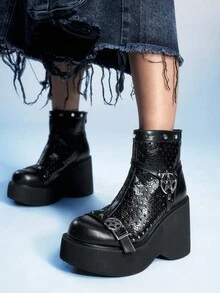 Sugerpunk Giày bốt nữ thời trang thường ngày, thoải mái, thoáng khí, kiểu dáng dự tiệc, khóa kim loại hình ngôi sao tròn đôi, khóa kéo phía sau, phong cách punk, gót dày, thích hợp cho mùa hè. - màu đen - Xem 2