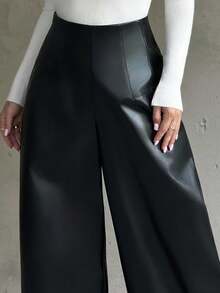 Firerie 女士新款优雅休闲百搭高腰宽松阔腿裤，黑色 PU 皮革，适合日常通勤、秋冬、机场、教师和办公室穿着 - 黑色 - 查看 6