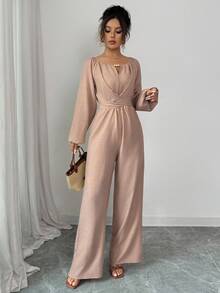 Rafferiza 女士优雅通勤木珠装饰圆领扭腰长袖阔腿连体裤 - 卡其色 - 查看 4