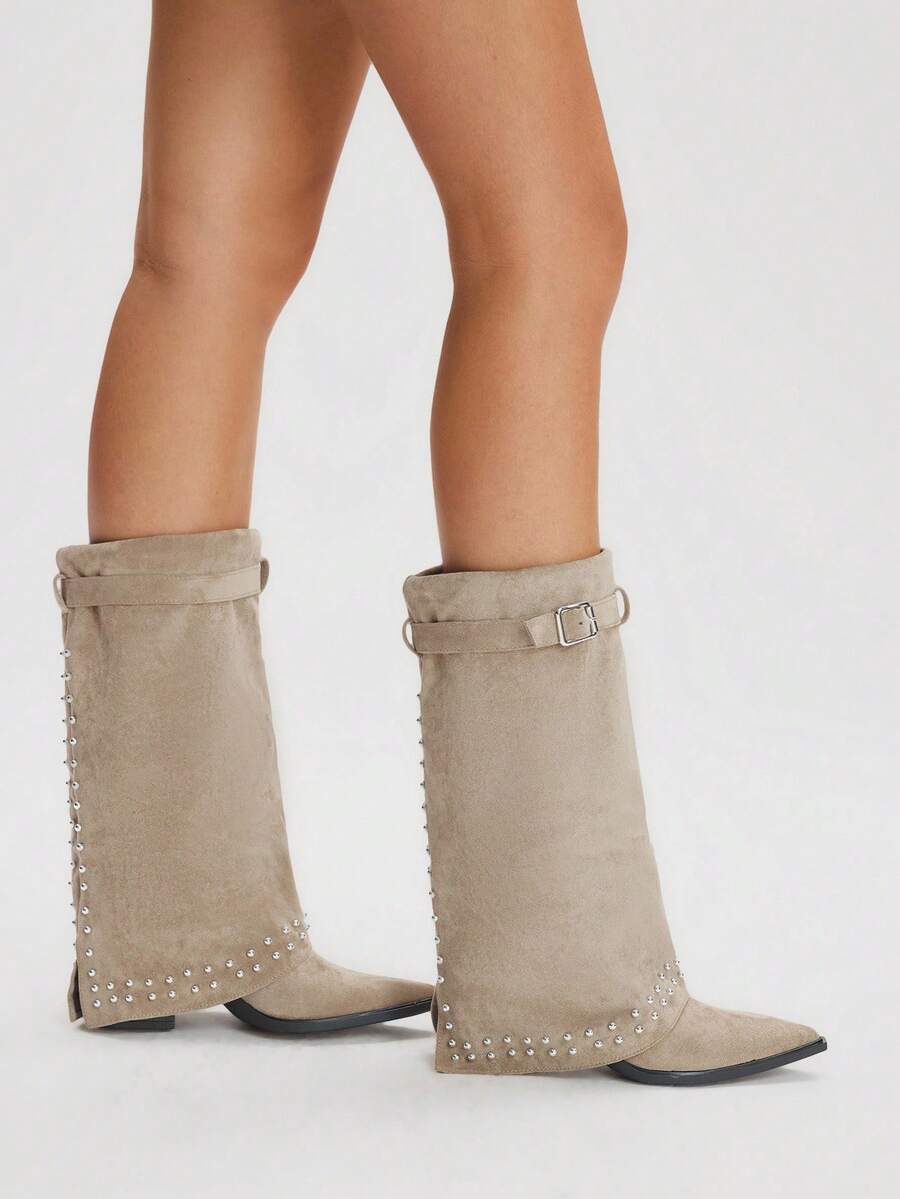 Styleloop 女士休闲粗跟时尚性感西部牛仔靴，适合万圣节、圣诞节、秋季服装，棕色牛仔靴，核心 - 杏色 - 查看 1