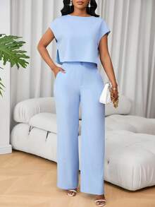 Lunelith SHEIN Lunessa 2 件女式套装：法式圆领短袖休闲上衣和高腰阔腿裤 - 藍色 - 查看 4