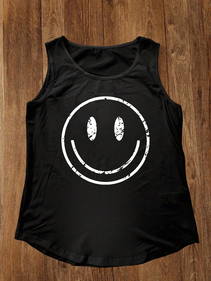 INAWLY 夏季圆领无袖衬衫，女式笑脸印花图案 T 恤女式上衣 - 黑色 - 查看 1