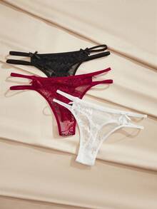 Charlaine 3 piezas/paquete Bragas tipo tanga de mujer con lazo de encaje y talle bajo