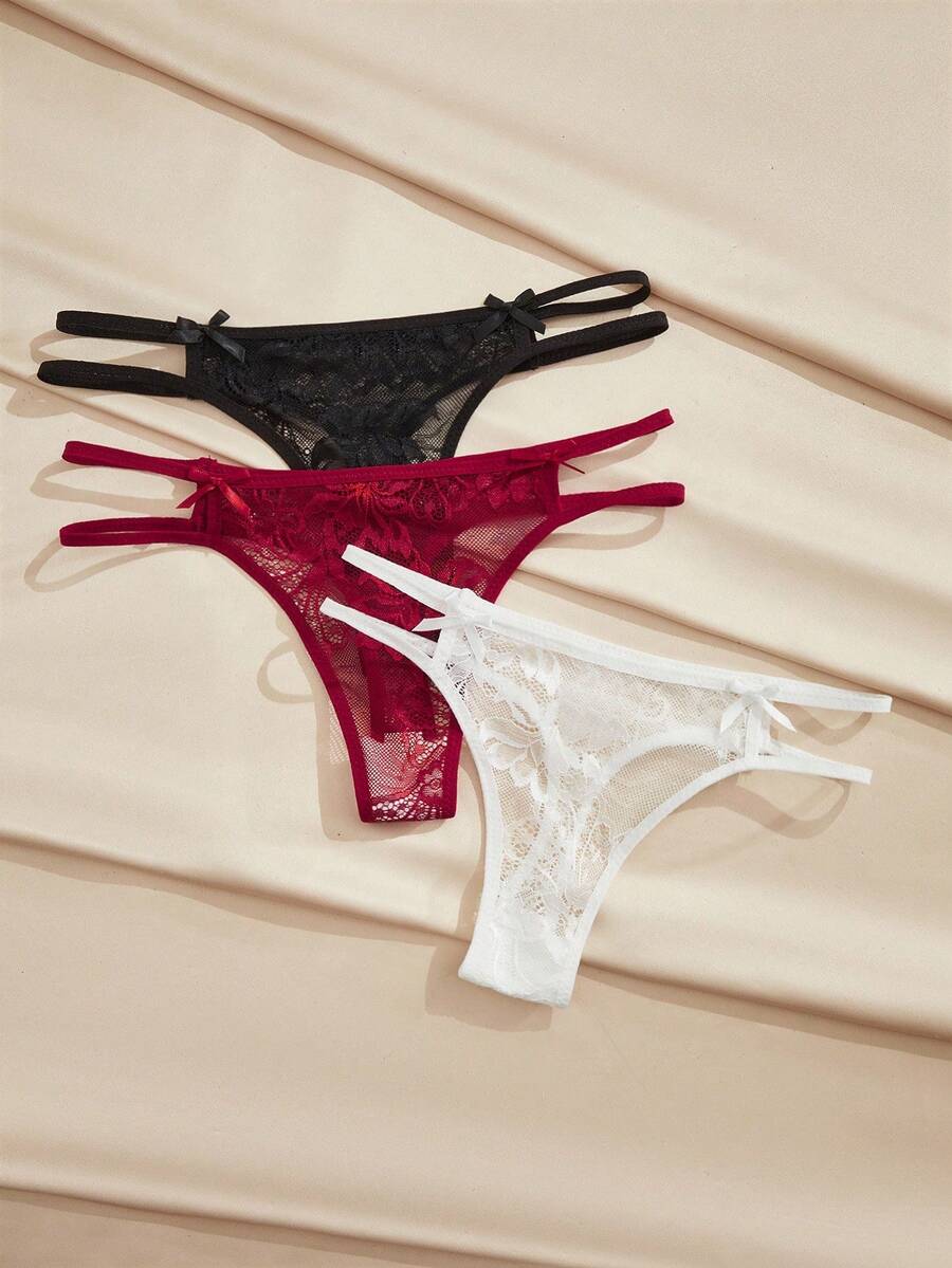 Charlaine 3 piezas/paquete Bragas tipo tanga de mujer con lazo de encaje y talle bajo