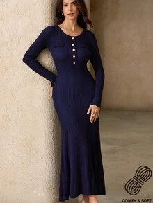 Aveloria Rosie Women's Vintage French Style Long Mermaid Hem Sweater Dress - Navy Blue - View 1