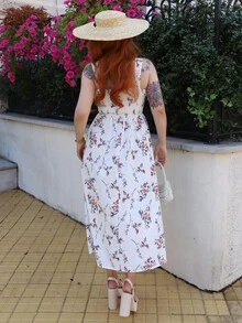 Gretanique Vestido elegante de mujer con estampado floral, recogido en la cintura y drapeado, de última moda para primavera/verano - Multicolor - Ver 2