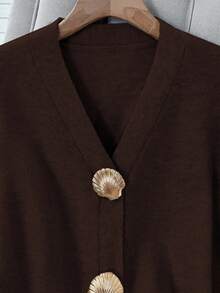 Franclia V-Neck Knitted Cardigan With Shell Buttons, Elegant For Everyday Wear, Autumn/Winter Button Up Sweater Brown Cardigan - Brown - View 3