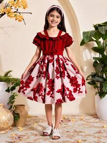 SHEIN Tween Girl Floral Print Cold Shoulder Ruffle Trim Belted Dress - Multicolor - View 4