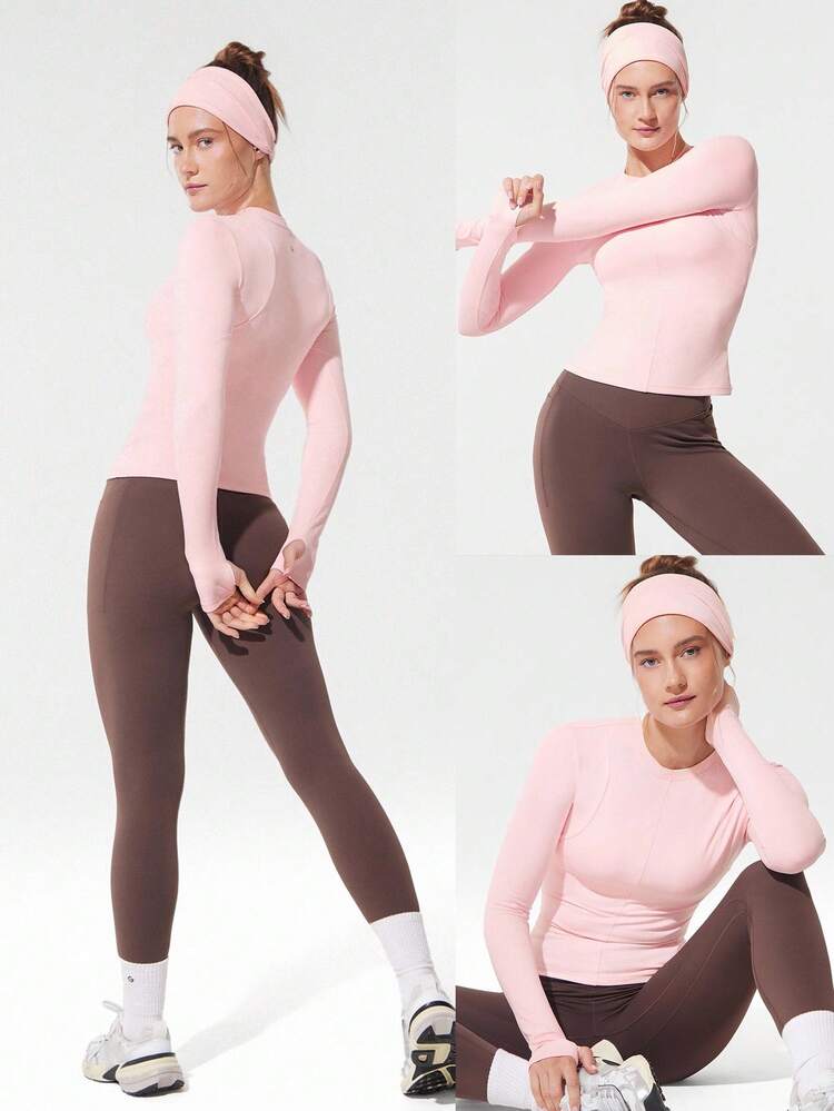 Parte superior de punto de manga larga con agujeros para los pulgares, ajuste ceñido, cintura cálida, longitud de la cintura, para correr, trotar, senderismo, gimnasio, entrenamiento, uso diario activo, que absorbe la humedad