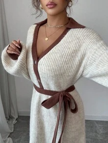 Elenzga 女式复古法式撞色领收腰灯笼袖优雅高领针织中长毛衣连衣裙 - 杏色 - 查看 6