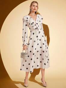 Amorya Robe longue vintage élégante à col V, volants et taille à pois, coupe évasée. Convient pour les sorties et de multiples occasions, automne - Multicolore - Voir 5