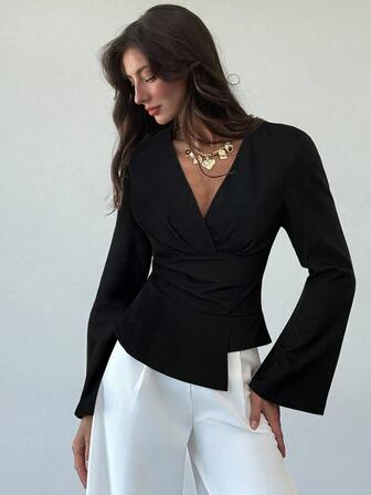 Aloruh New Stylish Commuter Waist Ruched Asymmetric Hem Long Flare Sleeve V-Neck Pullover Blouse Black Tops