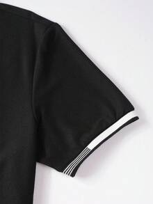 Manfinity Mode 男士撞色装饰纽扣 Polo 衫，休闲夏季短袖 - 黑色 - 查看 6