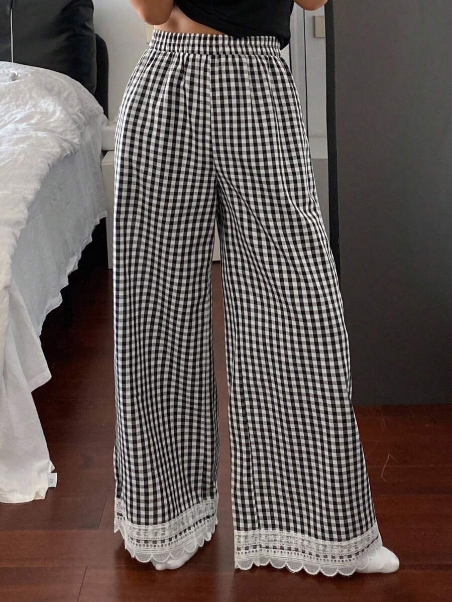 DAZY Women's Plaid Wide Leg Ruffle Trim Pajama Bottoms, Fall - Black and White - View 1