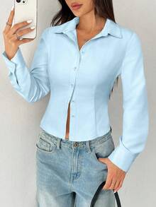 SHEIN PETITE 基本款休闲长袖收腰衬衫 - 淺藍色 - 查看 6