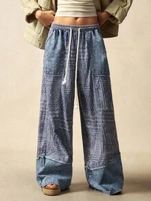 Bohemela 秋季波西米亚音乐节万圣节佩斯利图案休闲梭织拼接宽松阔腿女裤 - 藍色 - 查看 6