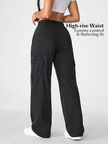 Flexra 女式松紧腰工装口袋阔腿宽松休闲牛仔裤 - 黑色 - 查看 3