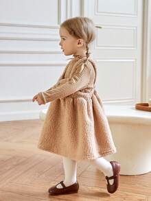 Souflis Souflis 2pcs Baby Girls Casual Ruffled Collar Top And Thick Strap Dress Set, Brown, Autumn/Winter Fall