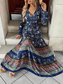 EMERY ROSE 花卉索环孔眼系带荷叶边下摆连衣裙 超长度假海滩装 女款 - 藍色 - 查看 5