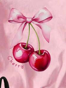 SHEIN Bộ áo thun tay ngắn cổ tròn in chữ hình quả anh đào và trái cây thường ngày cho bé gái, thời trang và sành điệu - Nhiều màu - Xem 5